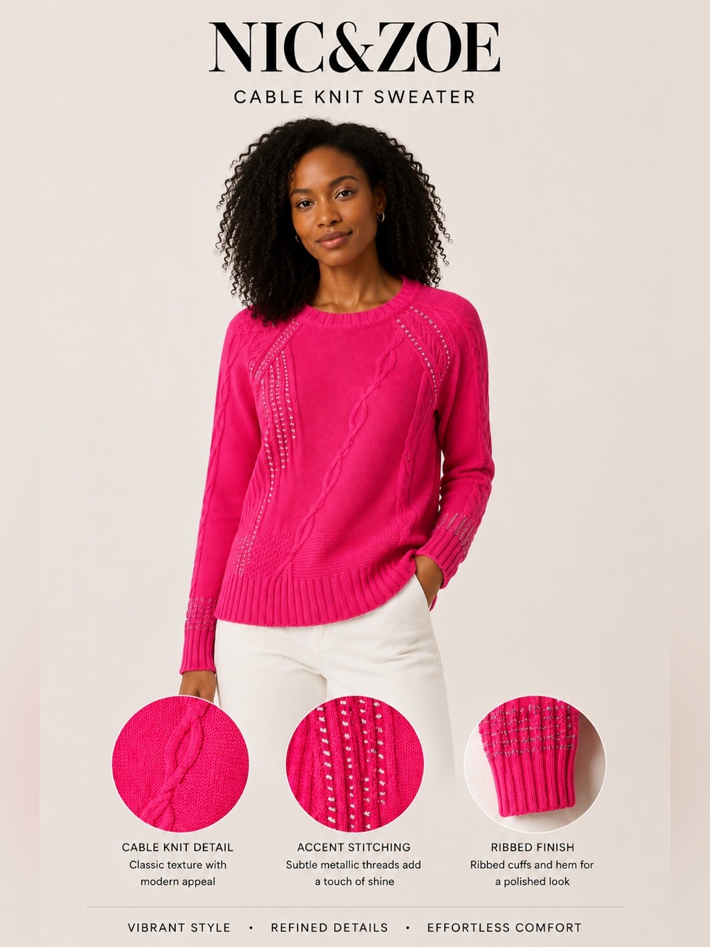 Nic & Zoe Bright Pink Long Sleeve Embroidered Cable Knit Cozy Sweater Size L